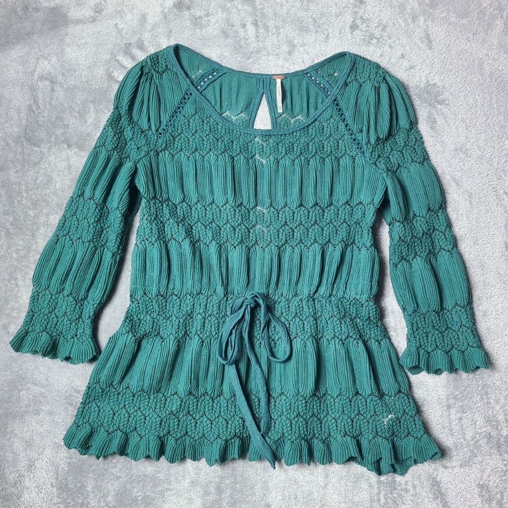 Free People Gauzy Lace Tunic Top Back Keyhole Drawstring Waist 3/4 Sleeve XS